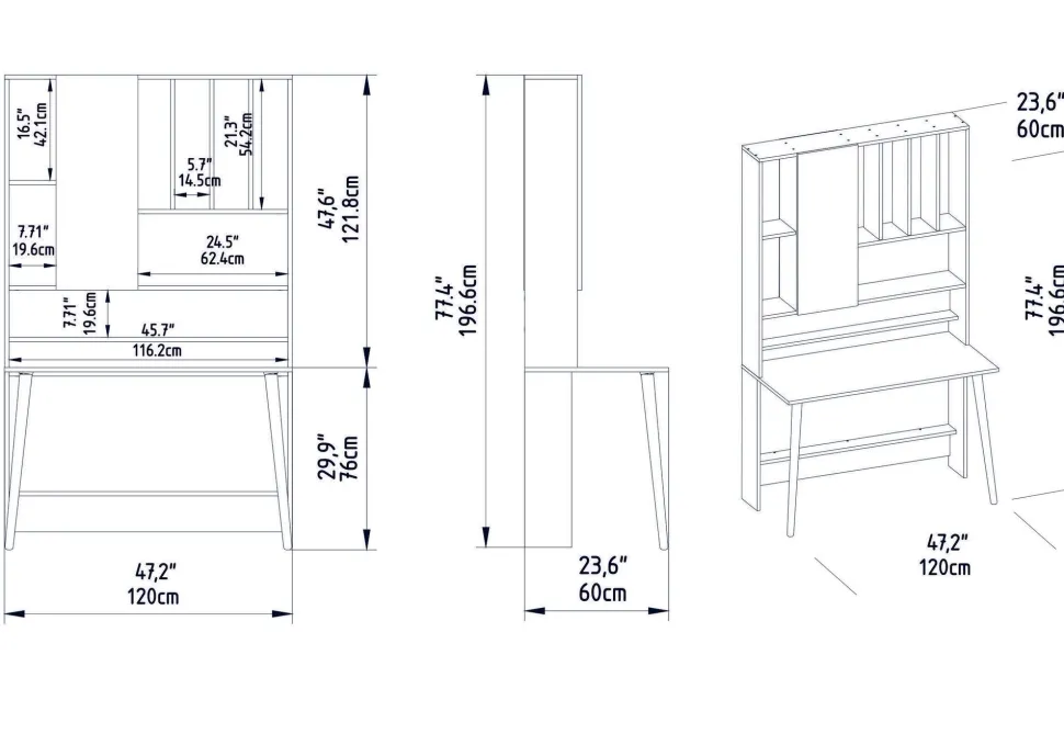 Bureau avec étagère Fekadu L120cm Bois foncé, Blanc et Anthracite