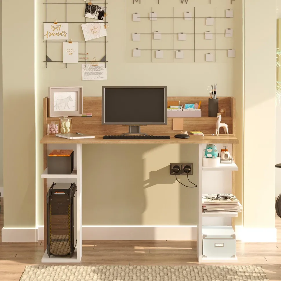 Bureau design à étagères Vrecto L124cm Bois et Blanc
