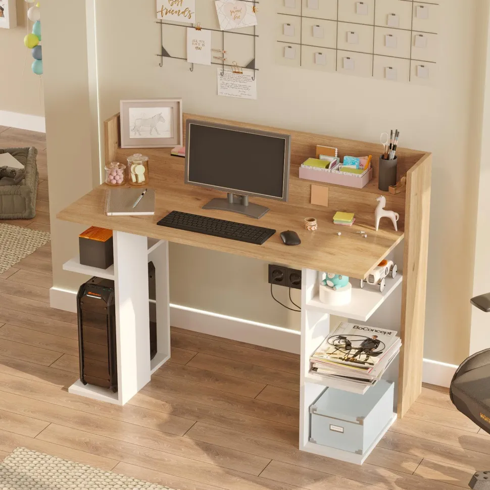 Bureau design à étagères Vrecto L124cm Bois et Blanc