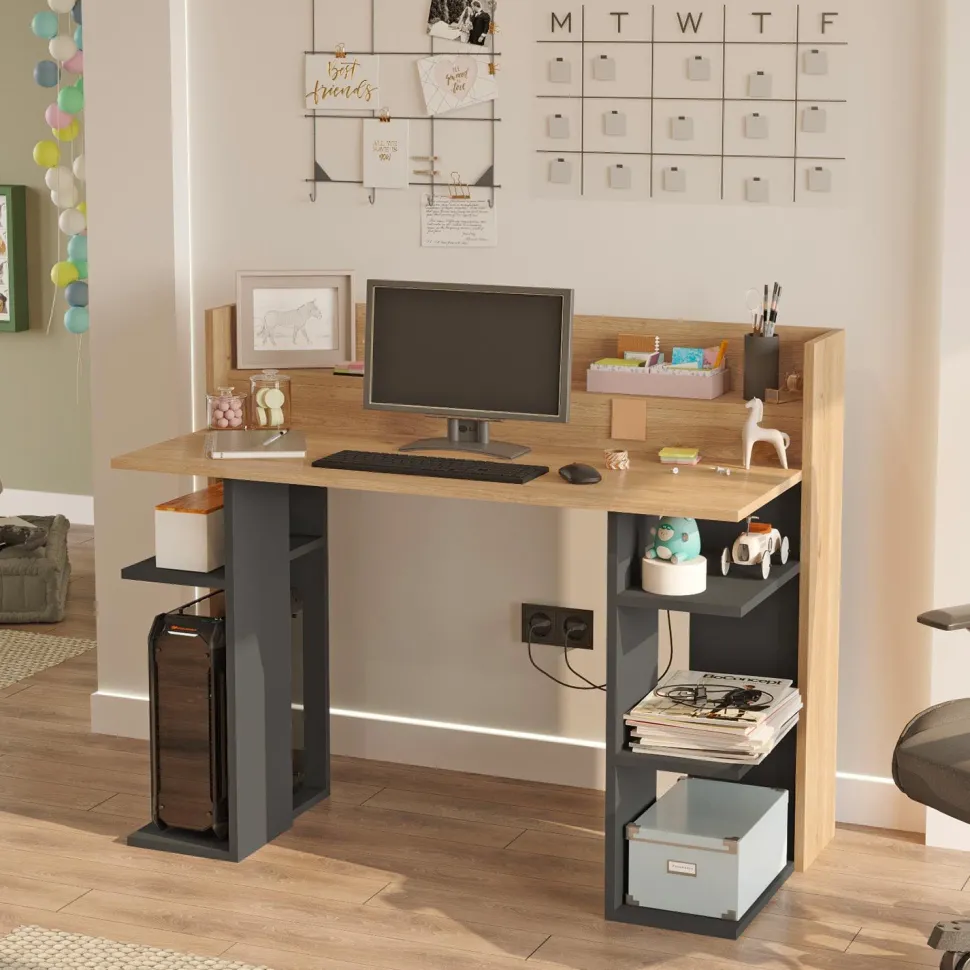 Bureau design à étagères Vrecto L124cm Bois et Gris