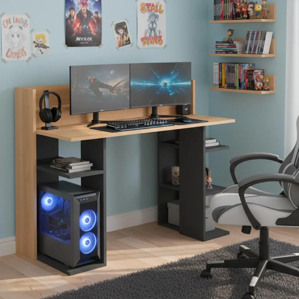 Bureau design à étagères Vrecto L124cm Bois et Gris