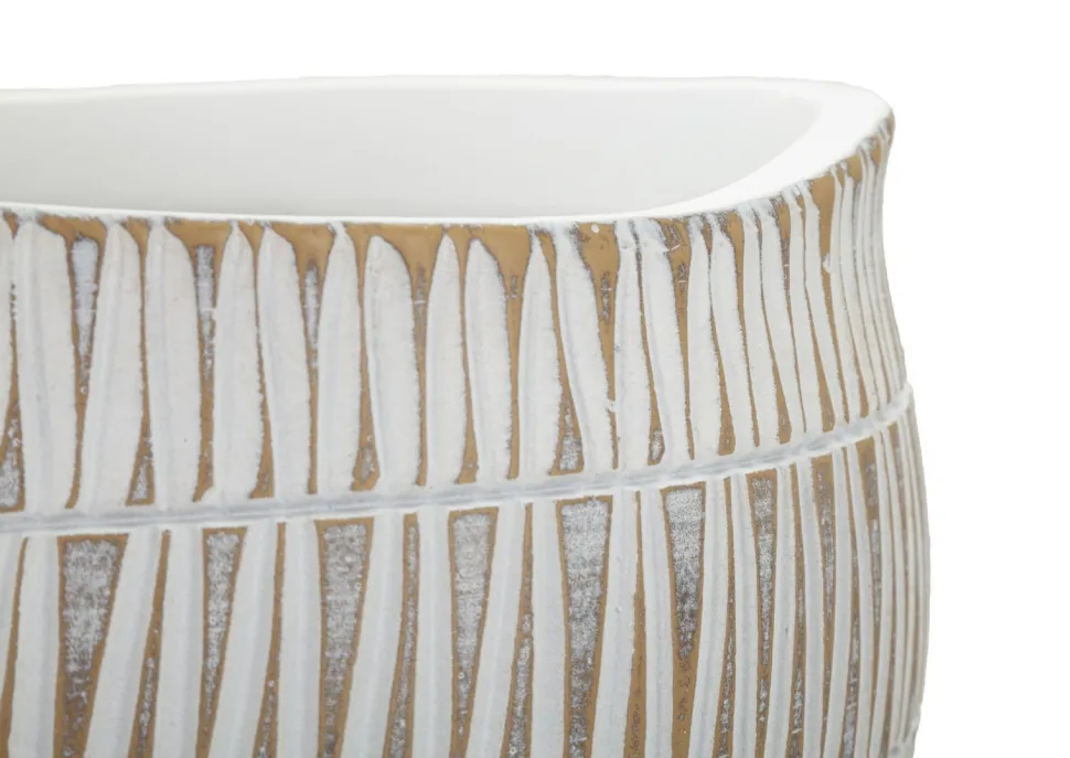 Cache-pot en polyrésine décoré de motifs géométriques et linéaires blanc et doré