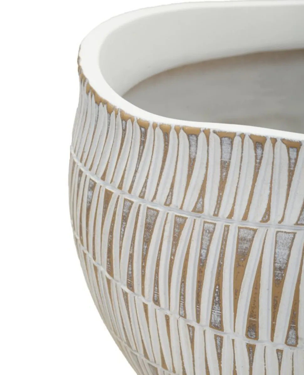 Cache-pot en polyrésine décoré de motifs géométriques et linéaires blanc et doré