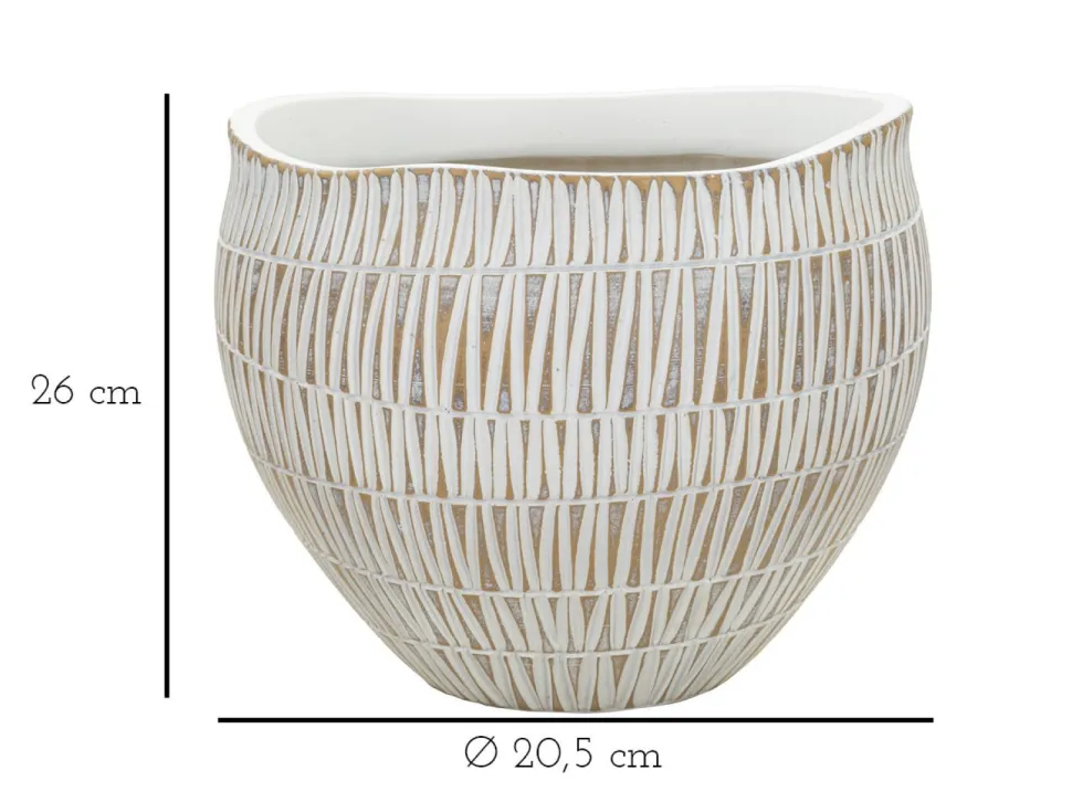 Cache-pot en polyrésine décoré de motifs géométriques et linéaires blanc et doré