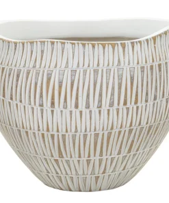 Cache-pot en polyrésine décoré de motifs géométriques et linéaires blanc et doré