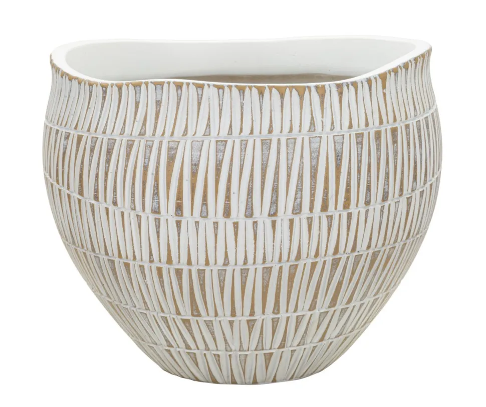 Cache-pot en polyrésine décoré de motifs géométriques et linéaires blanc et doré