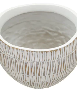 Cache-pot en polyrésine décoré de motifs géométriques et linéaires blanc et doré