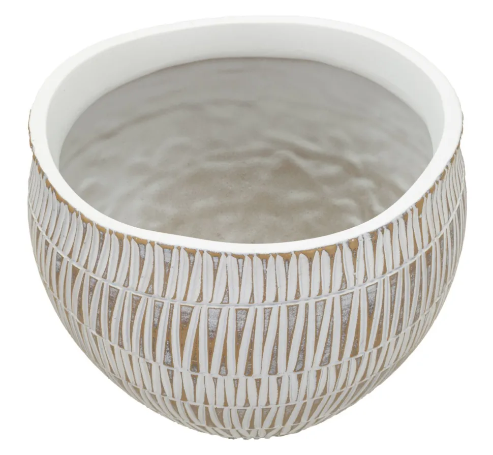 Cache-pot en polyrésine décoré de motifs géométriques et linéaires blanc et doré
