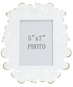 Cadre photo en métal blanc avec motifs cœur en verre doré