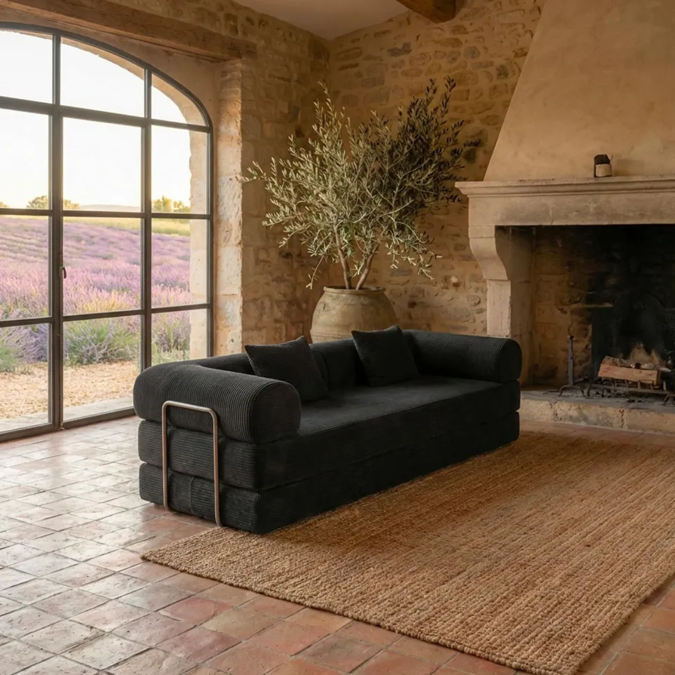 Canapé 3 places convertible et modulable Bergerac Velours côtelé Noir