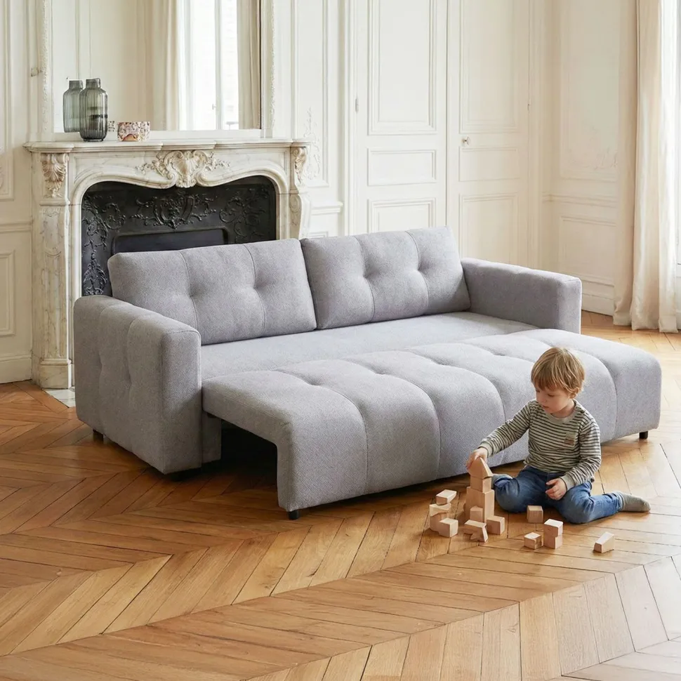 Canapé 3 places convertible Stylian Tissu Gris clair