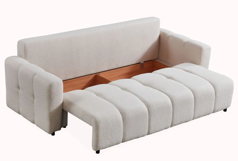 Canapé 3 places convertible Stylian Tissu bouclette Crème