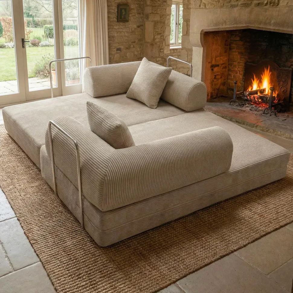 Canapé 2 places convertible et modulable Bergerac Velours côtelé Taupe Clair