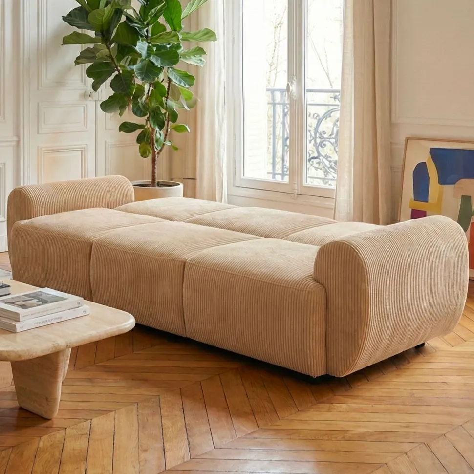 Canapé 3 places convertible dossier et accoudoirs arrondis Oliver Velours côtelé Beige