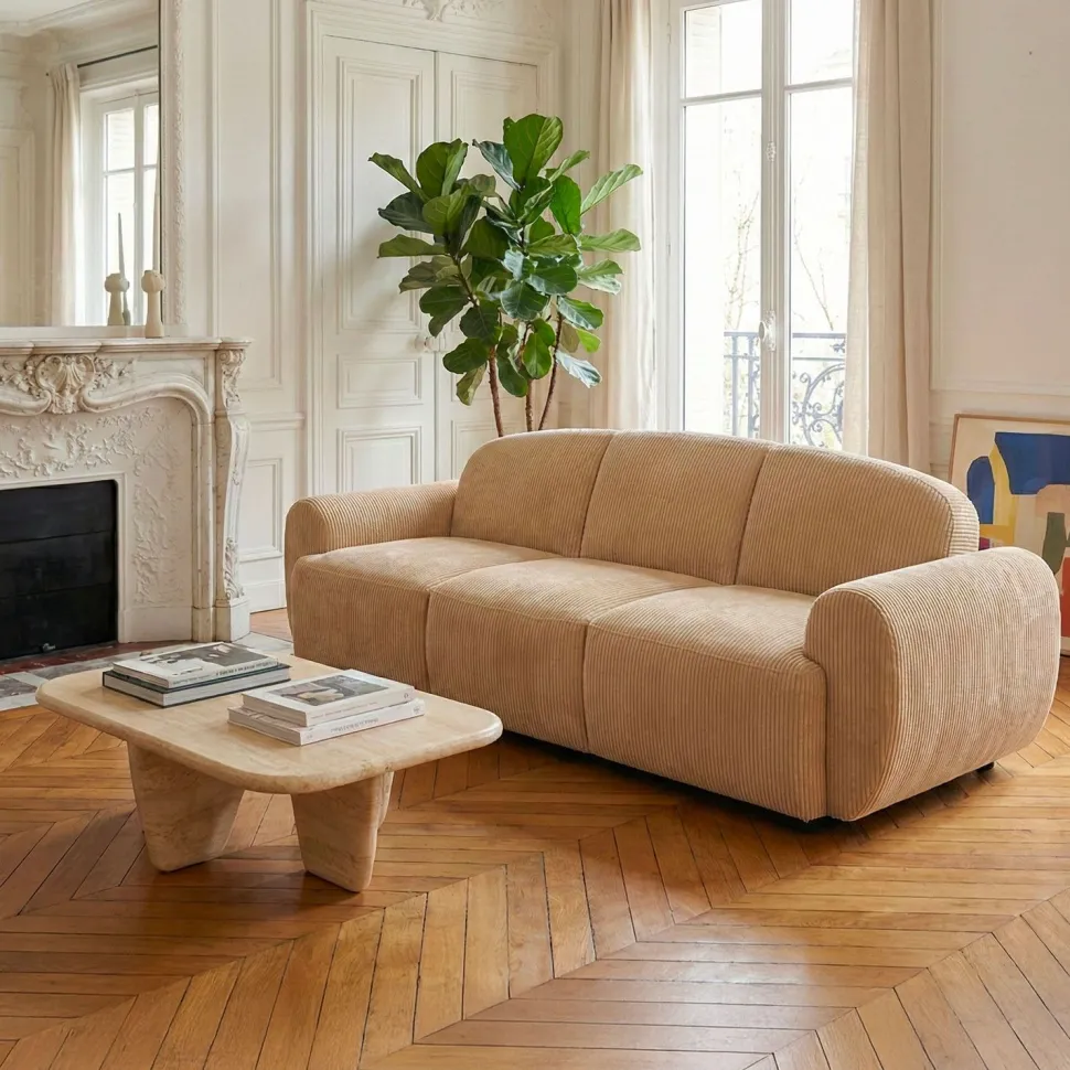 Canapé 3 places convertible dossier et accoudoirs arrondis Oliver Velours côtelé Beige