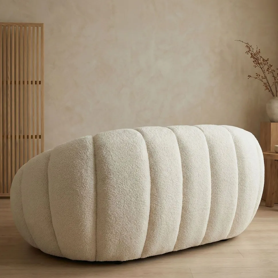 Canapé 2 Places design coquillage Horizan Tissu bouclette Crème