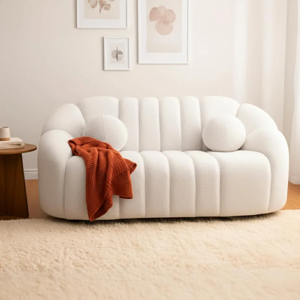 Canapé 2 places design Sidonie Tissu bouclette Blanc