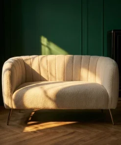 Canapé 2 places moderne Bombaro pieds métal doré et Tissu bouclette Beige