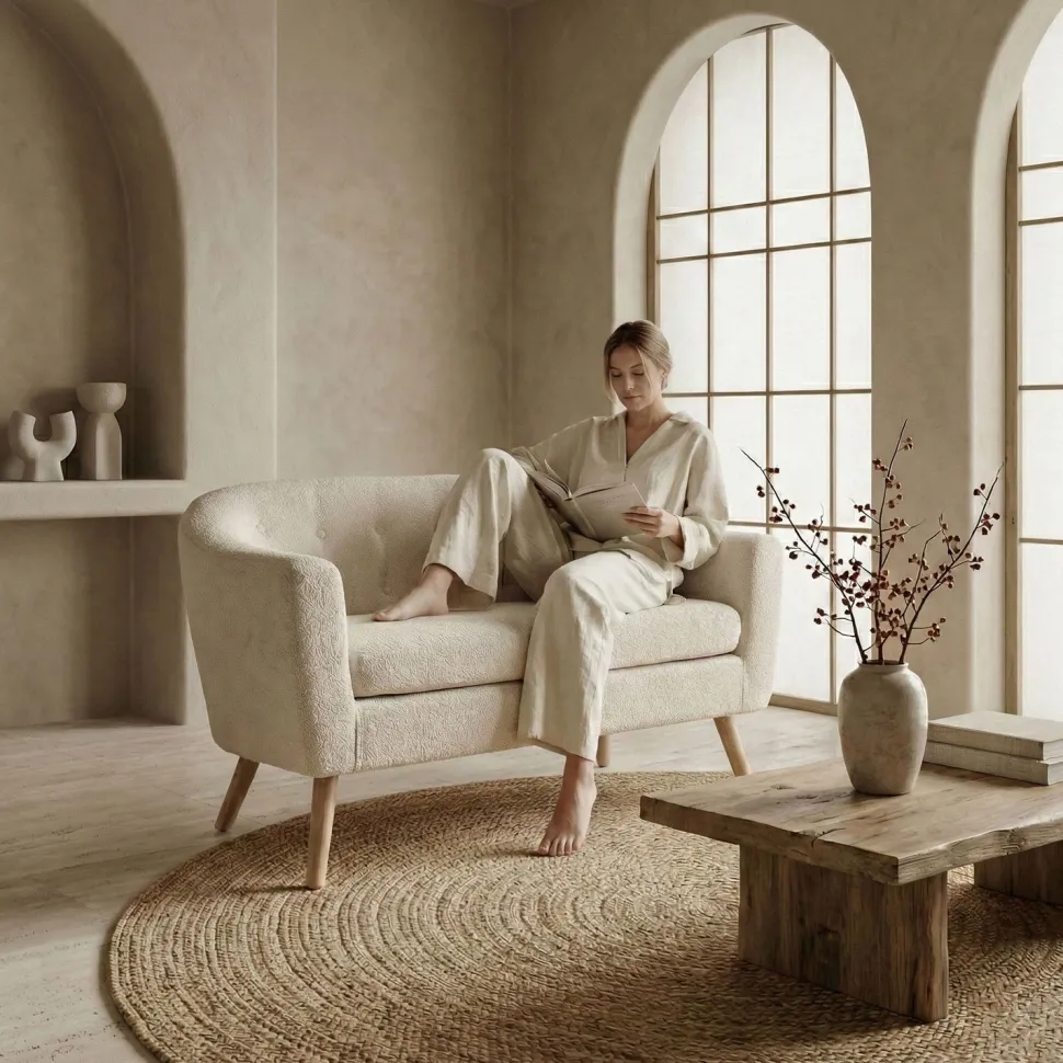 Canapé 2 places style scandinave Savoy Tissu Bouclette Beige