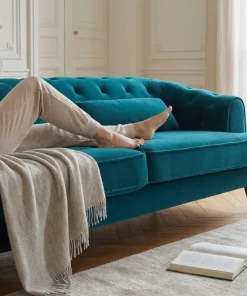 Canapé capitonné 3 places style boudoir Glams Velours Bleu canard