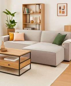 Canapé convertible cic-clac avec angle réversible Pikado Tissu effet lin Taupe clair