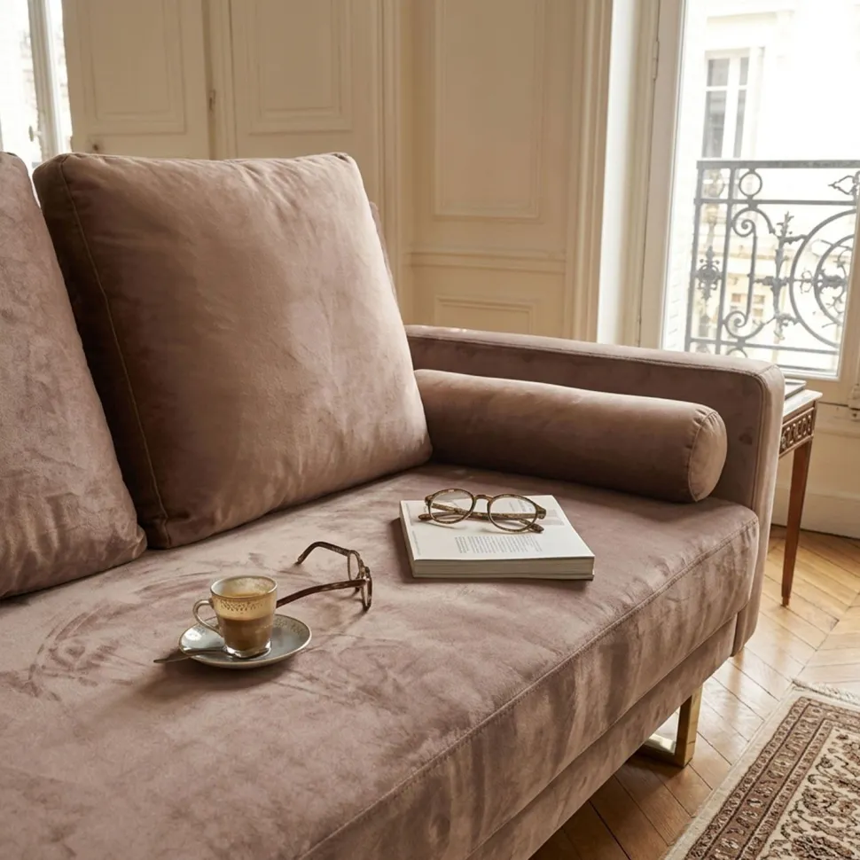 Canapé convertible clic-clac Djobi Velours Taupe Pied Or