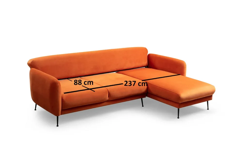 Canapé d'angle à droite convertible avec 3 coussins Vesna Velours Orange