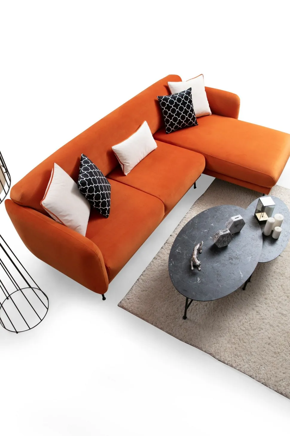 Canapé d'angle à droite convertible avec 3 coussins Vesna Velours Orange