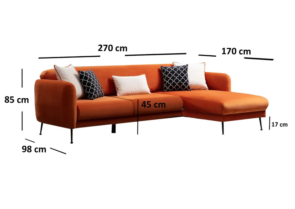 Canapé d'angle à droite convertible avec 3 coussins Vesna Velours Orange