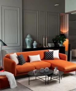 Canapé d'angle à droite convertible avec 3 coussins Vesna Velours Orange
