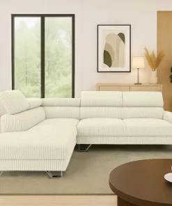 Canapé d'angle à gauche avec têtières relevables Quentin Velours côtelé Beige