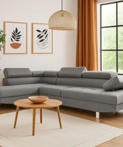 Canapé d'angle avec têtières relevables Alfa Tissu Gris