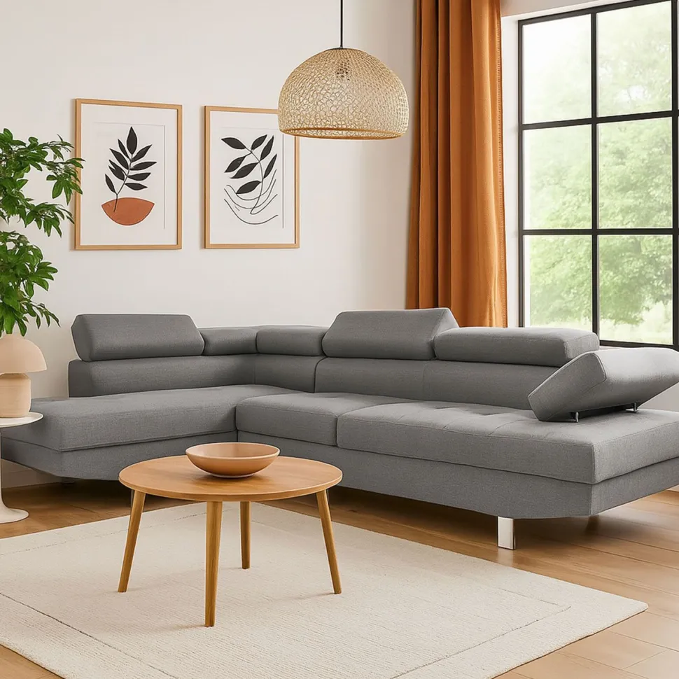 Canapé d'angle avec têtières relevables Alfa Tissu Gris