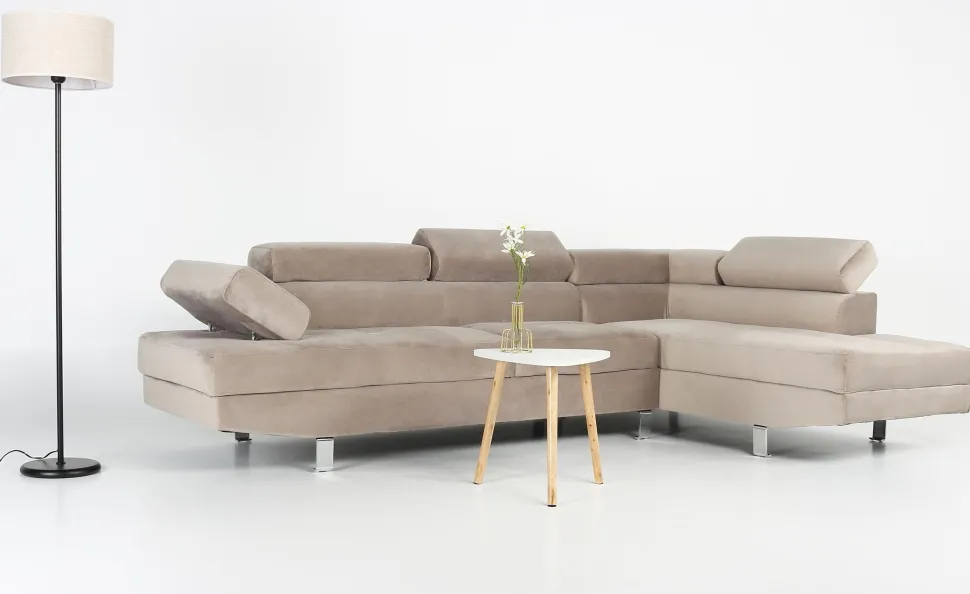 Canapé d'angle avec têtières relevables Alfa Velours Taupe