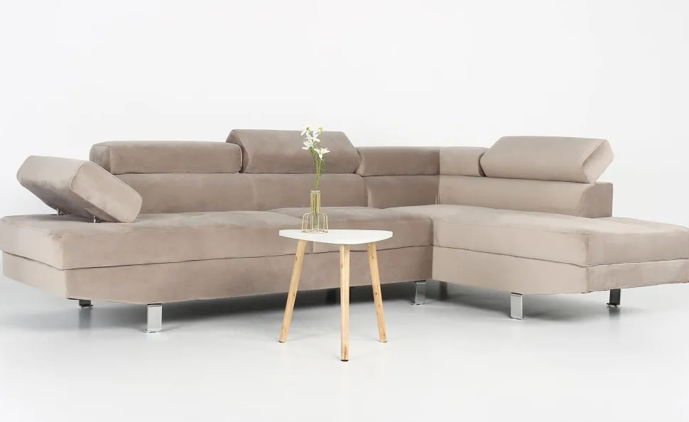Canapé d'angle avec têtières relevables Alfa Velours Taupe