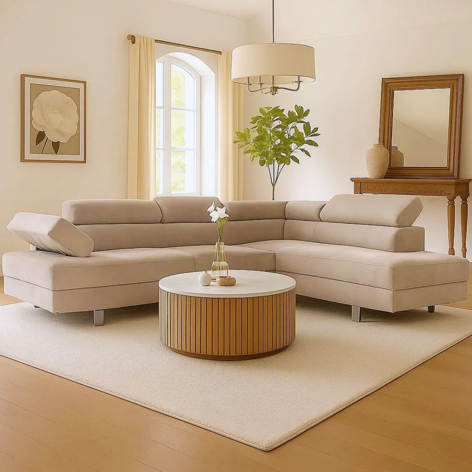 Canapé d'angle avec têtières relevables Alfa Velours Taupe