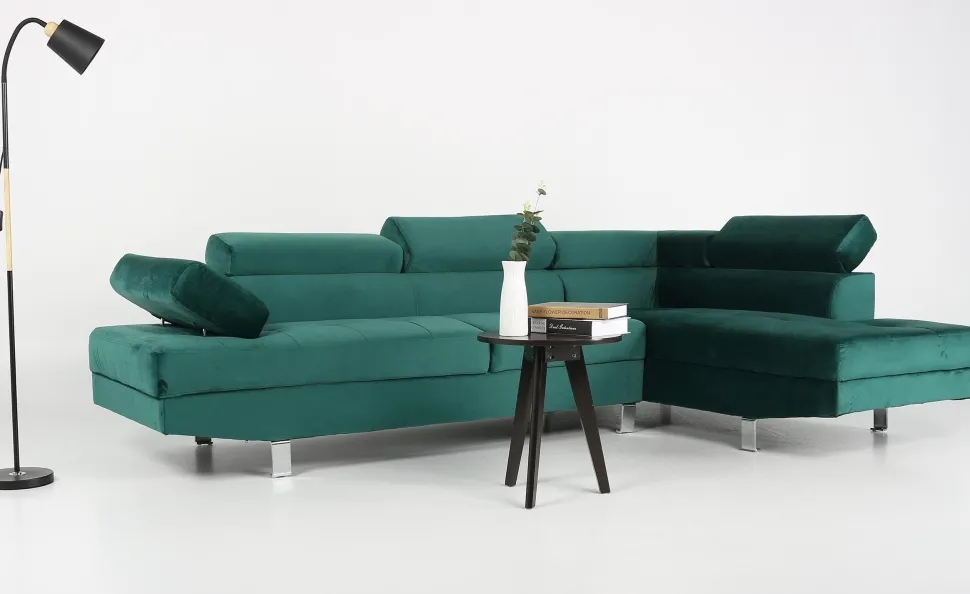 Canapé d'angle avec têtières relevables Alfa Velours Vert