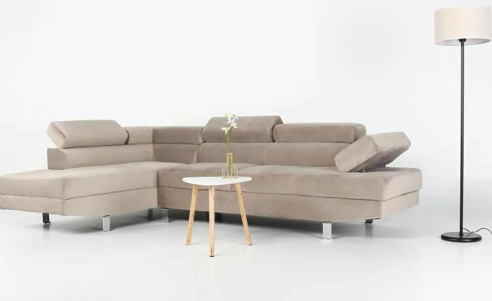 Canapé d'angle avec têtières relevables Alfa Velours Taupe