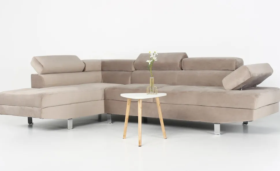 Canapé d'angle avec têtières relevables Alfa Velours Taupe