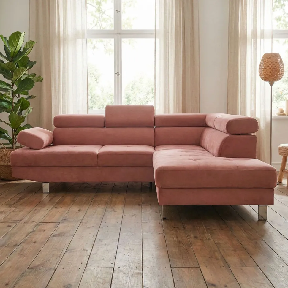 Canapé d'angle avec têtières relevables Alfa Velours Rose