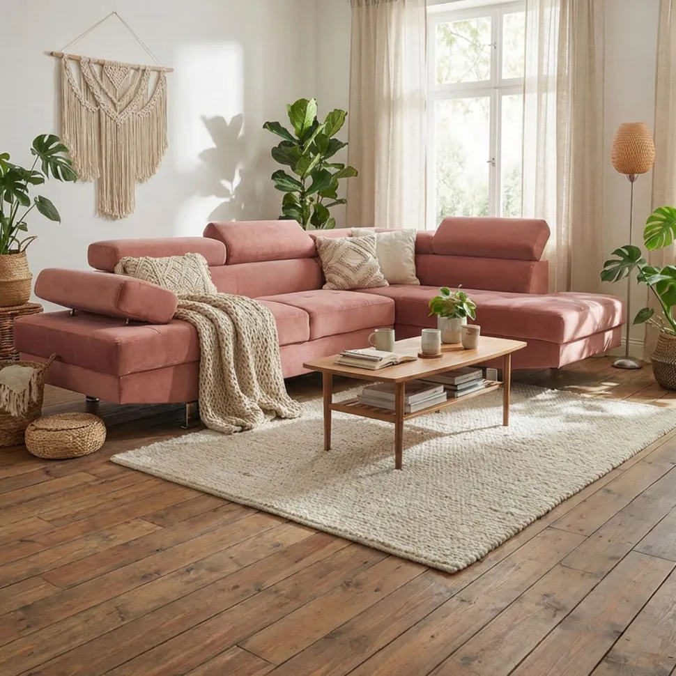 Canapé d'angle avec têtières relevables Alfa Velours Rose