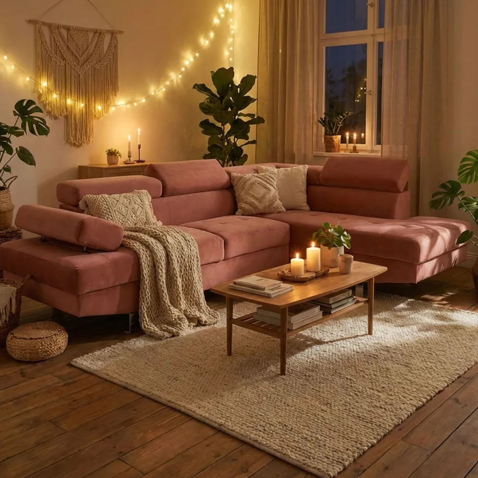 Canapé d'angle avec têtières relevables Alfa Velours Rose