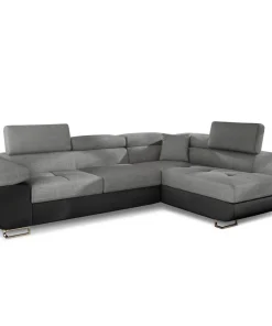 Canapé d'angle convertible Antoni avec têtières relevables Simili Noir et Tissu Gris foncé