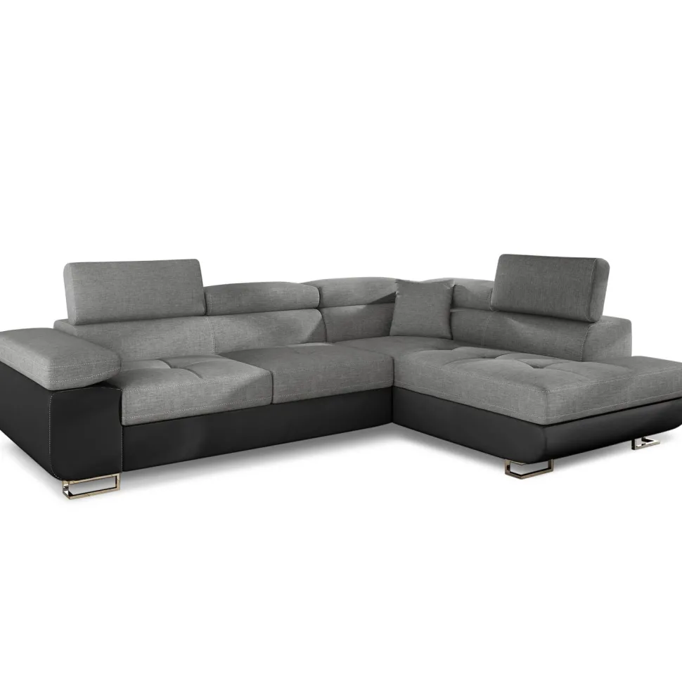 Canapé d'angle convertible Antoni avec têtières relevables Simili Noir et Tissu Gris foncé