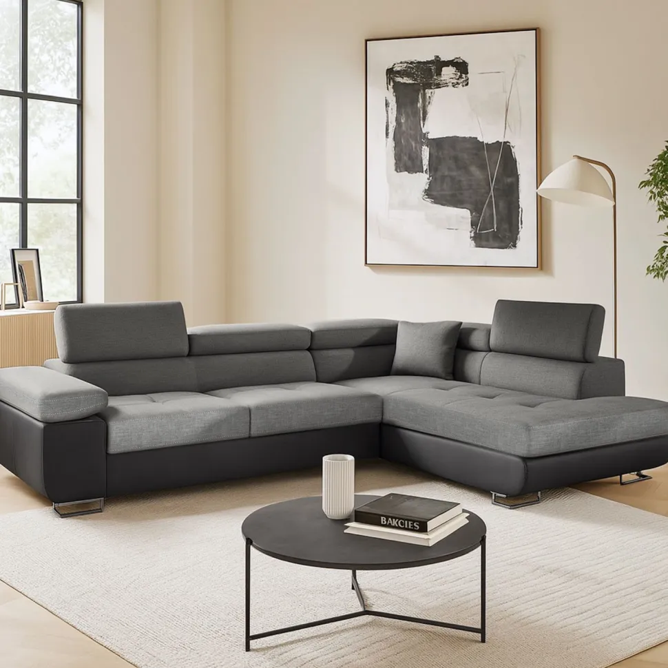 Canapé d'angle convertible Antoni avec têtières relevables Simili Noir et Tissu Gris foncé