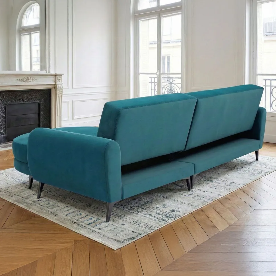 Canapé d'angle convertible avec méridienne arrondie Milord Velours Bleu canard