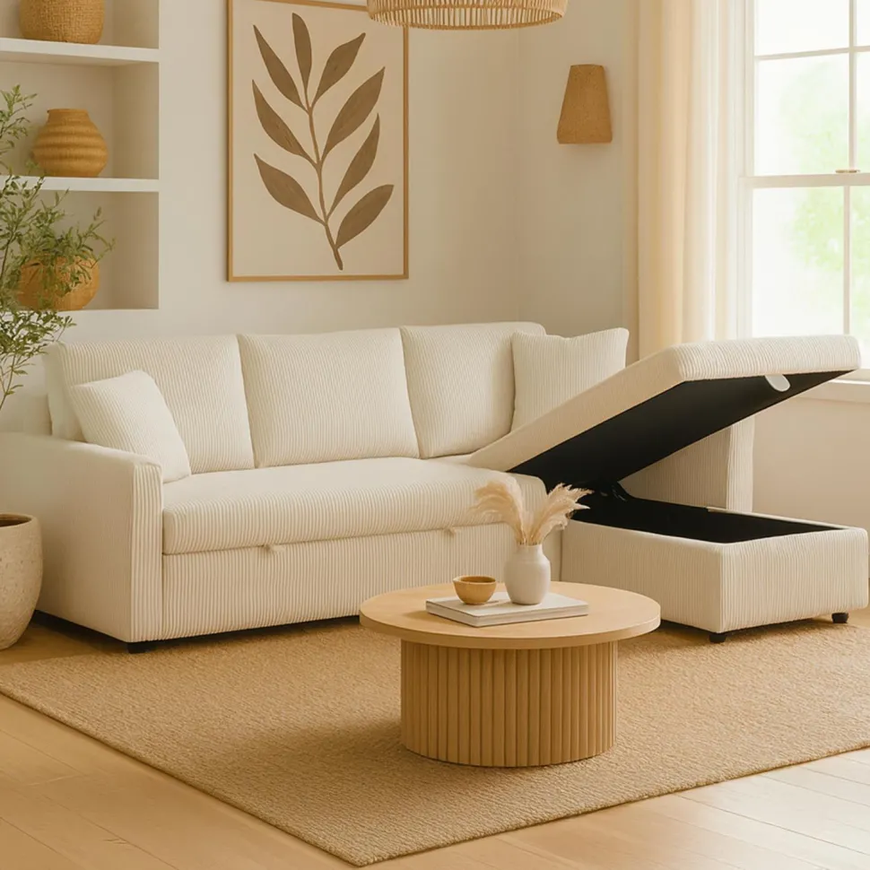 Canapé d'angle convertible avec coffre de rangement réversible Toledo Velours côtelé Beige