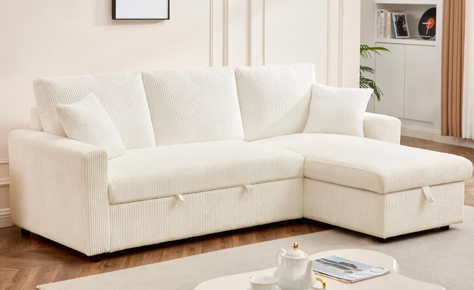 Canapé d'angle convertible avec coffre de rangement réversible Toledo Velours côtelé Beige