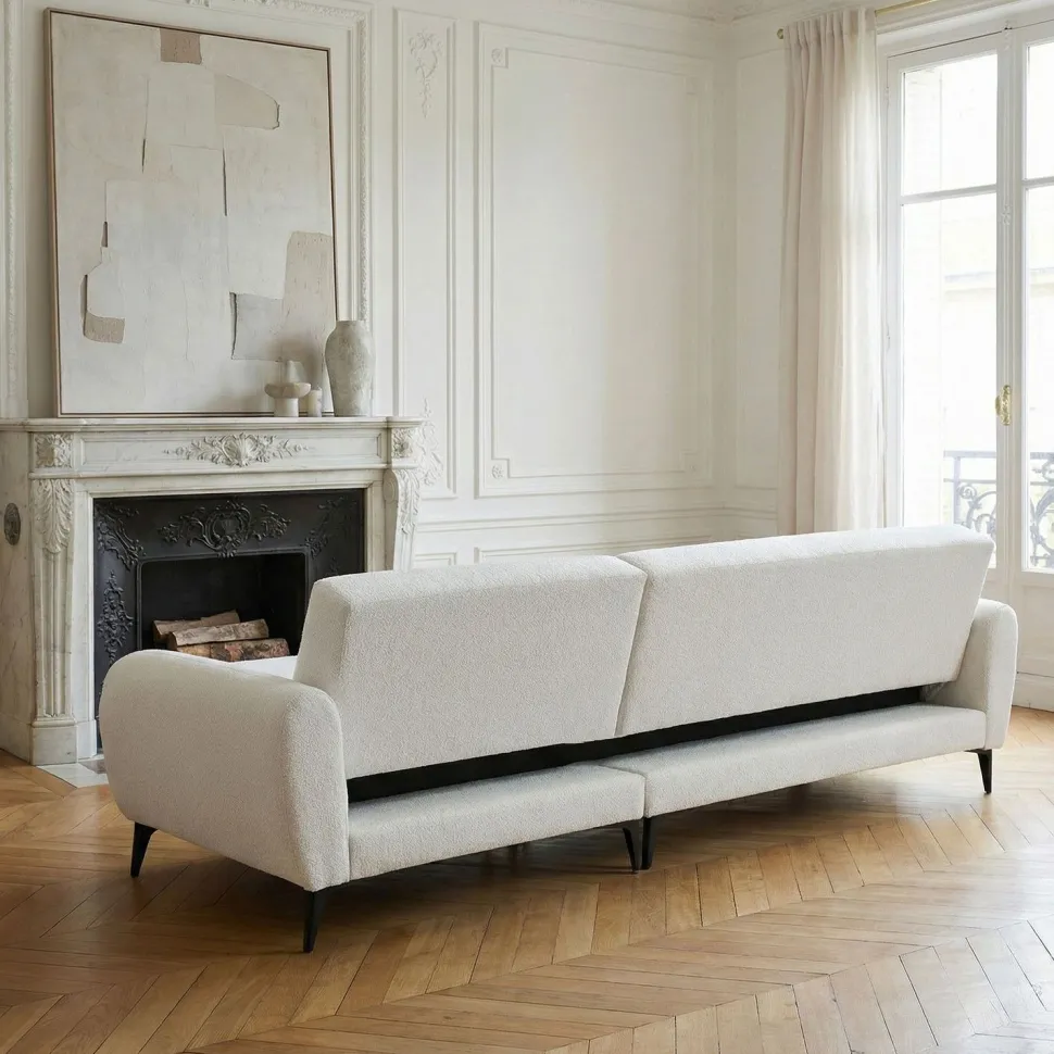 Canapé d'angle convertible avec méridienne arrondie Milord Tissu texturé Crème