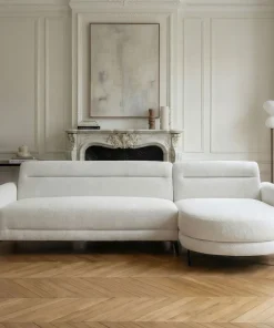 Canapé d'angle convertible avec méridienne arrondie Milord Tissu texturé Crème